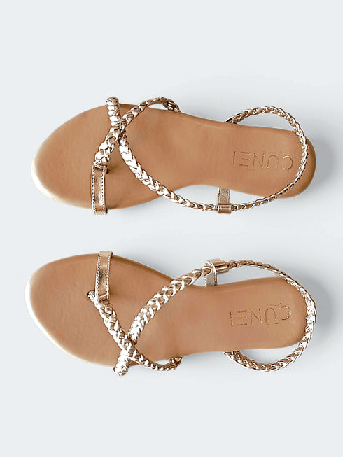 Womens Tan and Gold Gladiator Slingback Flat Sandals - cunei
